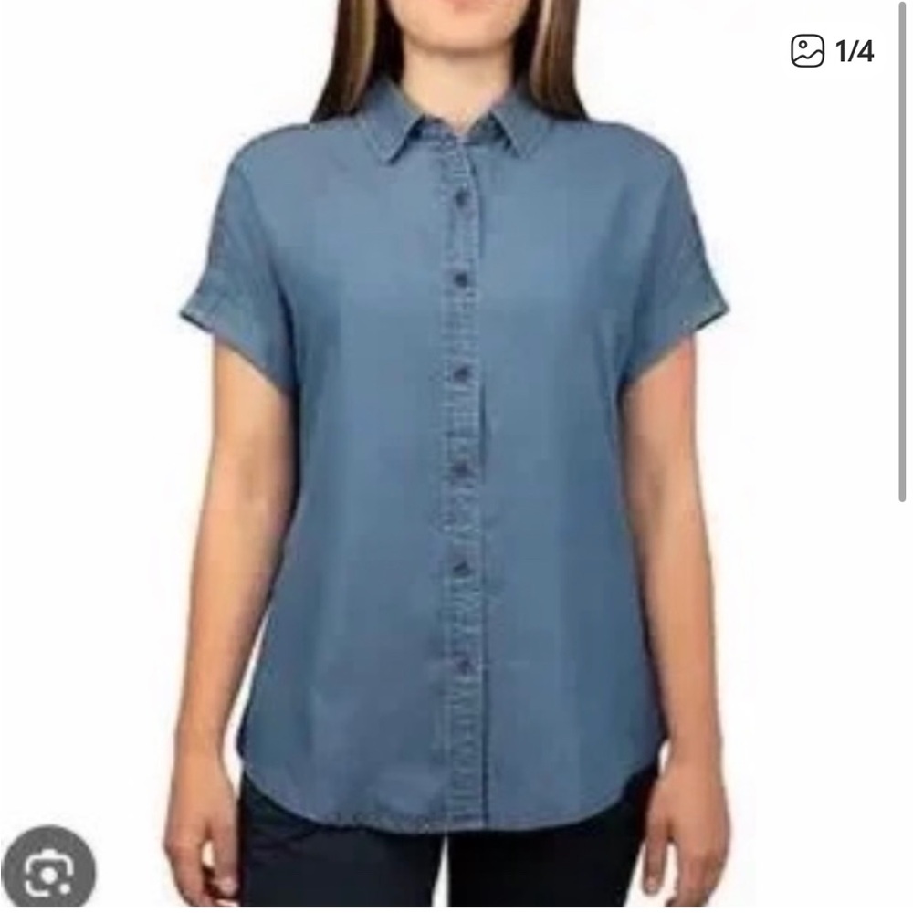 NWT Tilley Denim Tencel Blue Button-Down Shirt Lightweight Lyocell Layering Top